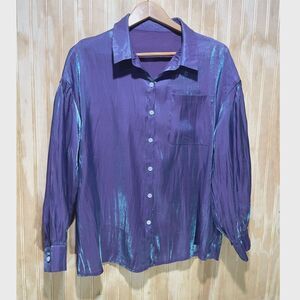 VTG button up shirt metallic purple festive holidays glam disco night out womenL